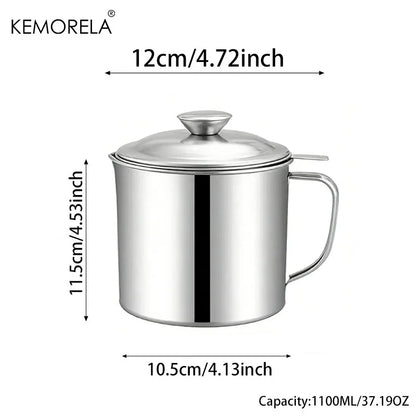 Stainless Steel Oil Filter Pot - 1.1L/1.3L Cooking Oil Strainer Container with Lid & Heat Resistant Fat Separator