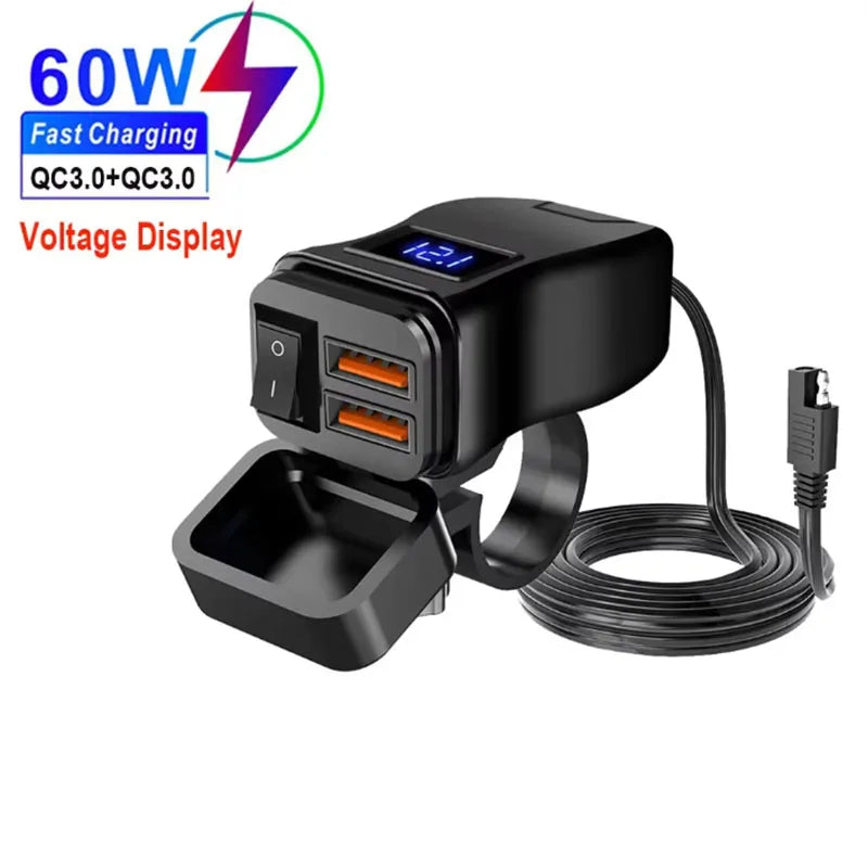 PD QC3.0 Motorcycle USB Fast Charger 60W – Dual USB Handlebar Socket with Switch & Voltmeter Waterproof 12V Power Adapter