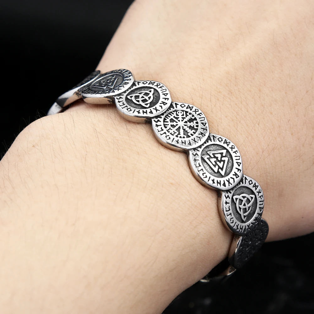 Vikings Valknut Bracelet – 316L Stainless Steel Nordic Compass Bangle, Amulet Jewelry for Men & Women