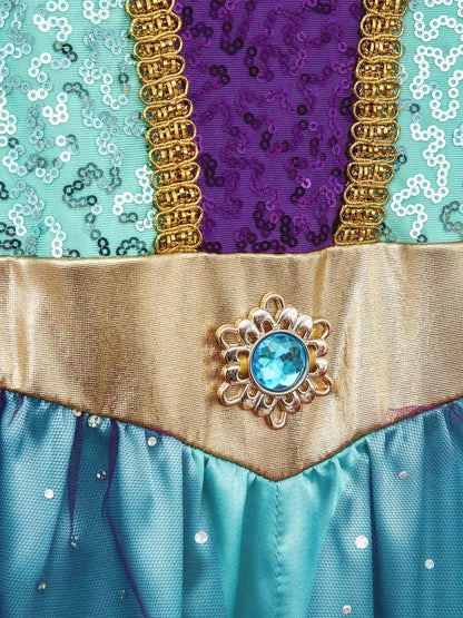 Girls Arabian Princess Costume - Metallic Sequin Bodice Tulle Satin Jumpsuit for Halloween, Carnival & Dance Performances