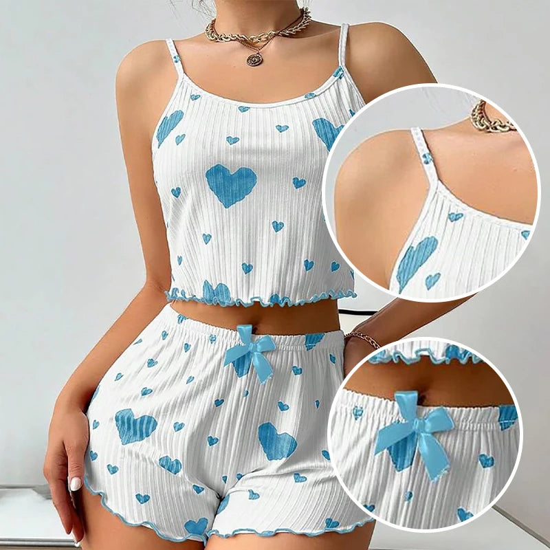 Women's 2PC Pajama Set – Soft Sleeveless Tank & Shorts | Casual Sleepwear with Love Print (S- L, White)