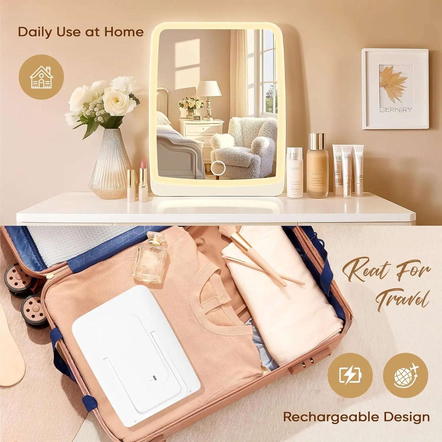 LED Compact Rechargeable Makeup Mirror – Dimmable Touchscreen with 3-Color Lighting, Lighted Travel & Tabletop Cosmetic Mirror