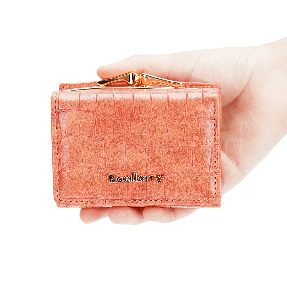 Baellerry Short Women’s Wallet — Crocodile Pattern Coin & Card Holder with Photo Slots, Hasp Purse for Girls