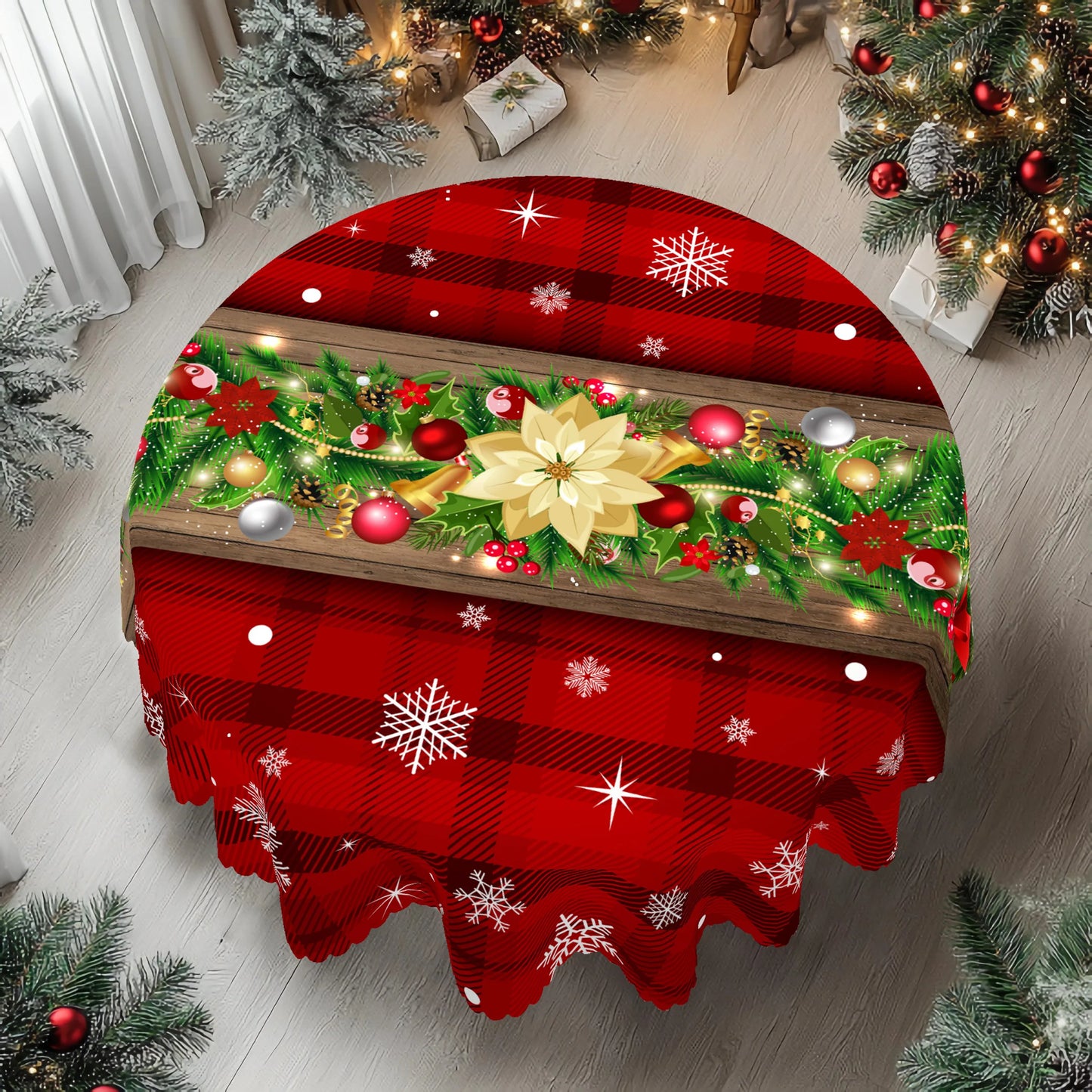 Christmas Printed Tablecloth - Holly Berry, Bow & Snowflake Holiday Dining Cover for Kitchen, Home & Terrace Decor