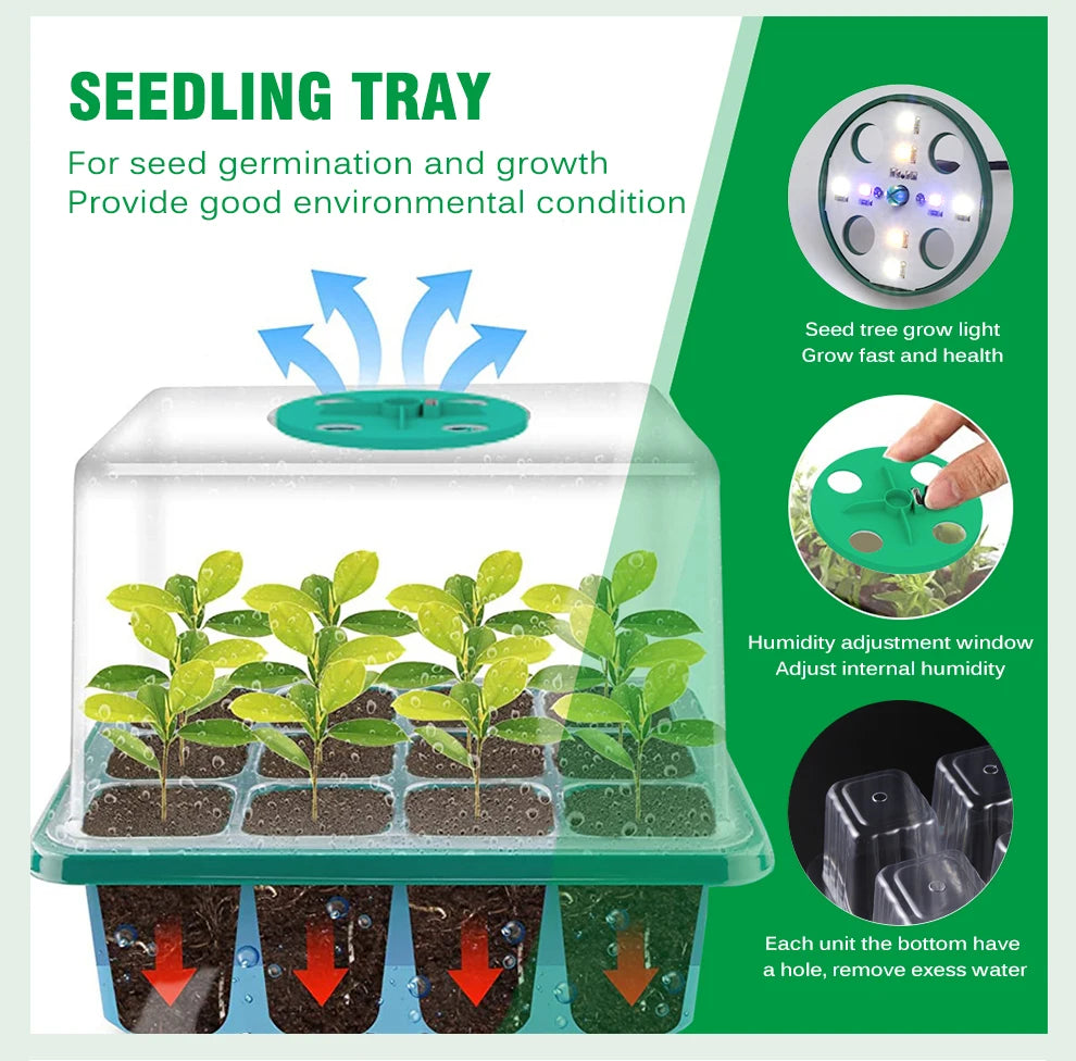 Plants Seed Starter Trays with Grow Light — 12-Hole Nursery Pots for Home, Greenhouse & Indoor Growing