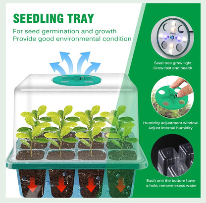 Plants Seed Starter Trays with Grow Light — 12-Hole Nursery Pots for Home, Greenhouse & Indoor Growing