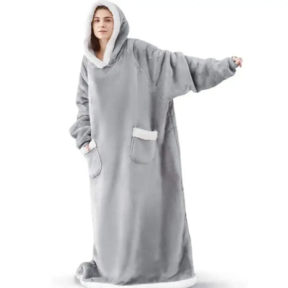 2024 Oversized Flannel Blanket Hoodie – Super Long Fleece Pullover with Sleeves for Winter