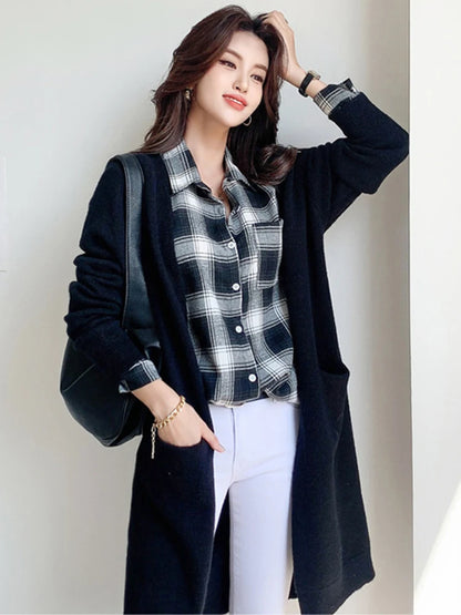 Women’s Solid Color Loose Thick Warm Sweater Cardigan – V Neck Knitted Coat with Pockets, Casual Spring/Autumn Tops C-124
