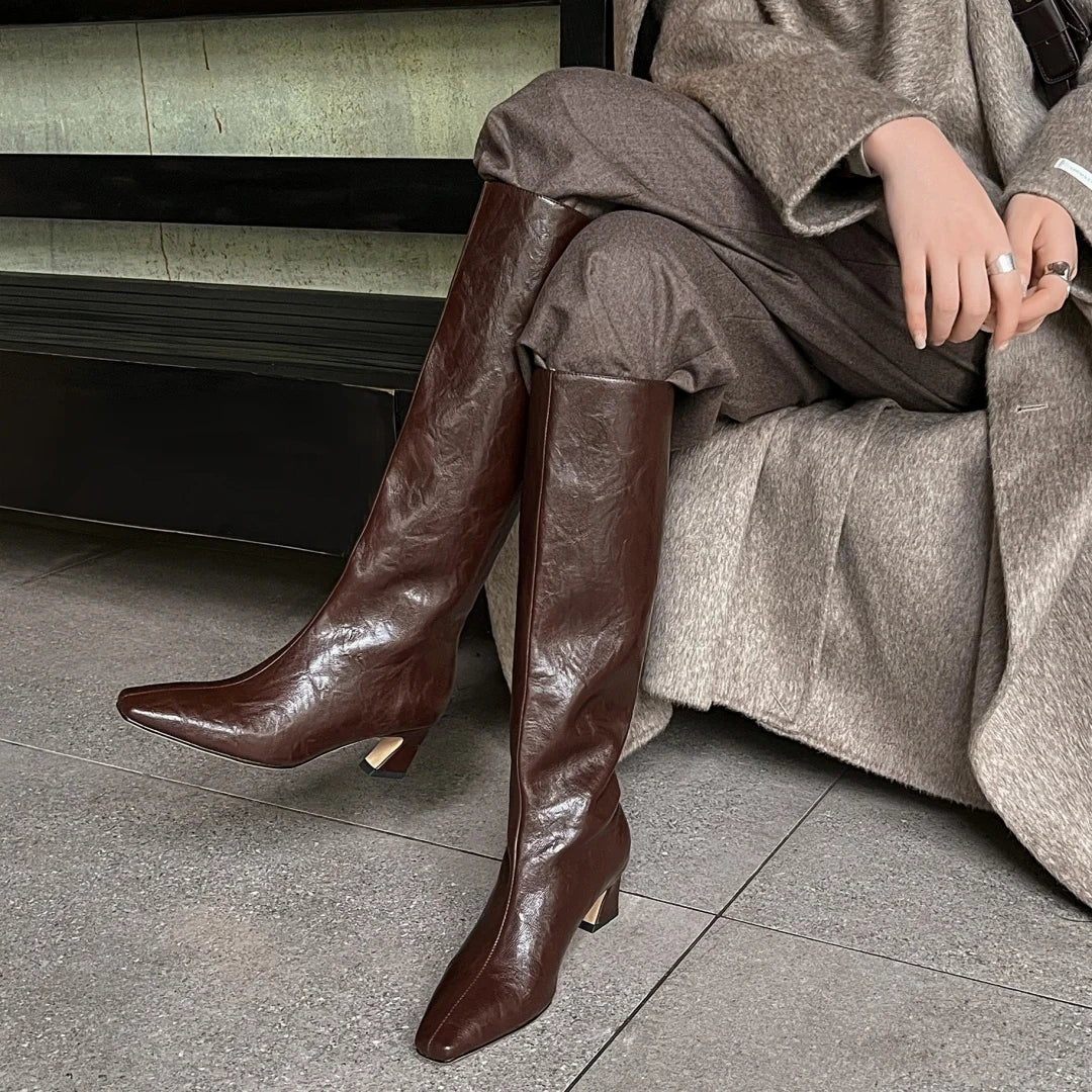 Women’s Genuine Leather Knee-High Boots – 5.5cm Thin Heel, Square Toe Slip-On Autumn Long Boots