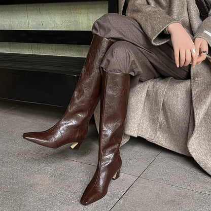 Women’s Genuine Leather Knee-High Boots – 5.5cm Thin Heel, Square Toe Slip-On Autumn Long Boots