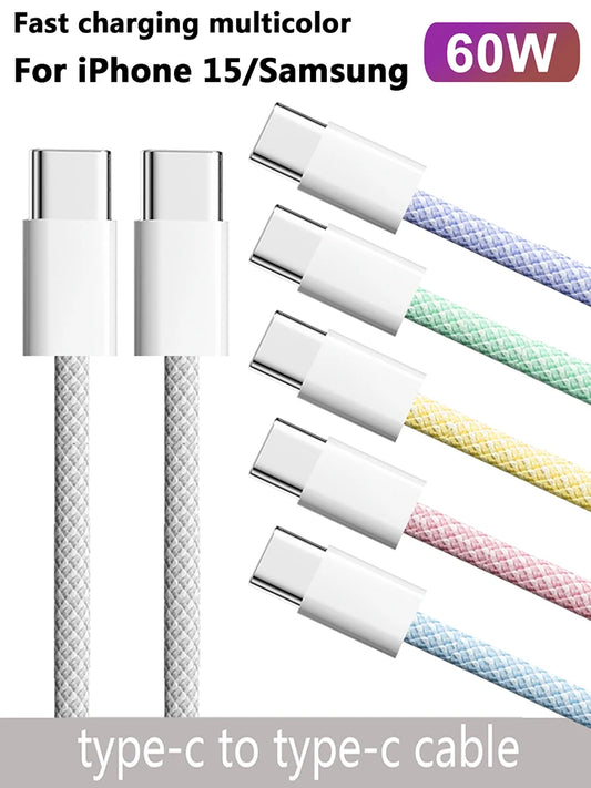 USB-C to Type-C Color Cable – PD 60W Fast Charging for iPhone 15, Huawei, Xiaomi, Samsung, Type-C Weaving Cable Accessories