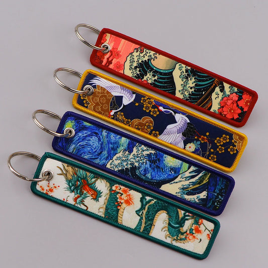 Van Gogh Embroidery Key Fob – Japanese Waves Keychain for Cars & Motorcycles, Jewelry Gift Accessory