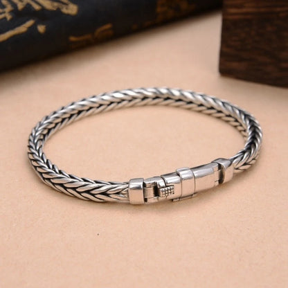 100% S925 Sterling Silver Handmade Woven Bracelet — Retro Domineering Style for Men & Women, Pure Silver Jewelry