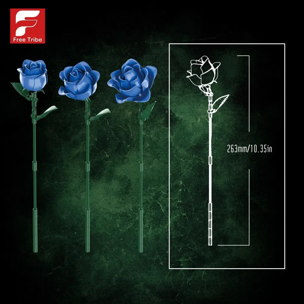 585PCS Blue Rose Building Block Set – Simulation Flower Bouquet Model Bricks, Decorative Ornament, Romantic Gift for Adults & Kids