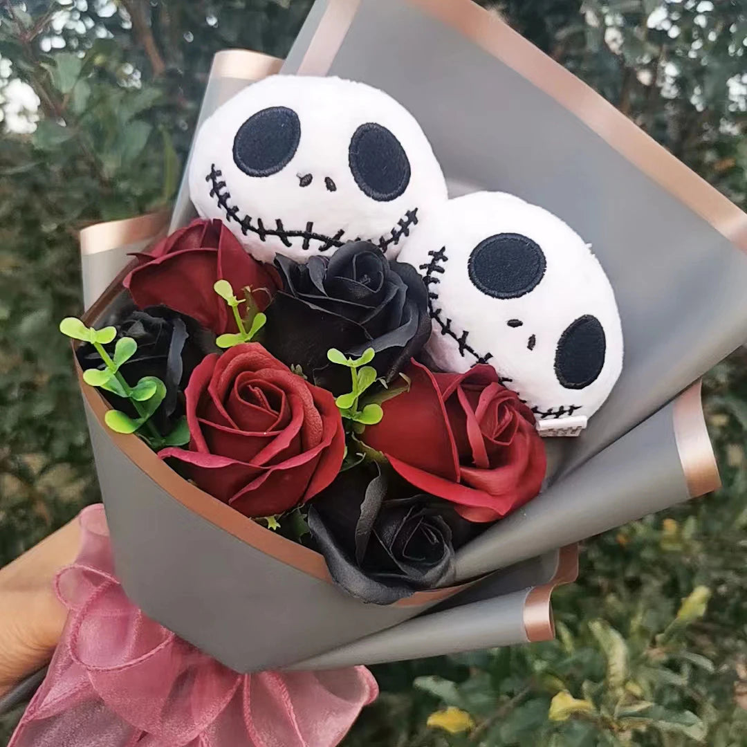 Halloween Jack Skellington Plush Bouquet – Doll Toy with Soap Rose Flower, Terror Skull & Ghost for Christmas & Valentine’s Day Gifts