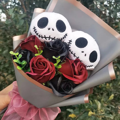 Halloween Jack Skellington Plush Bouquet – Doll Toy with Soap Rose Flower, Terror Skull & Ghost for Christmas & Valentine’s Day Gifts