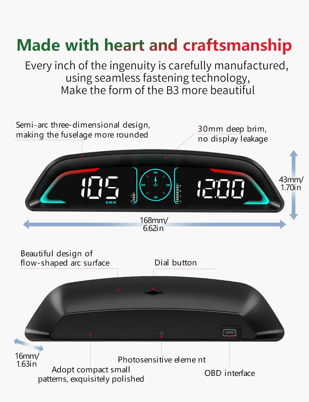 AD G3/B3 OBD2 GPS Head-Up Display – Smart Car HUD with Digital Speedometer, RPM, Water Temp, Clock & Security Alarm