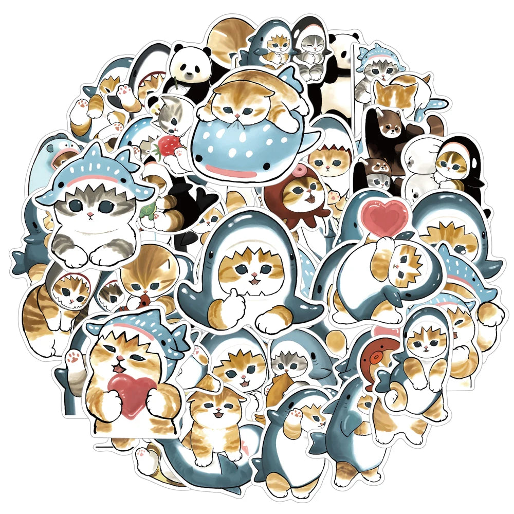 10/30/50PCS Cute Shark and Cat Stickers - Fun Cartoon Decals for Suitcases, Scrapbooks, Laptops, Phones, and Stationery