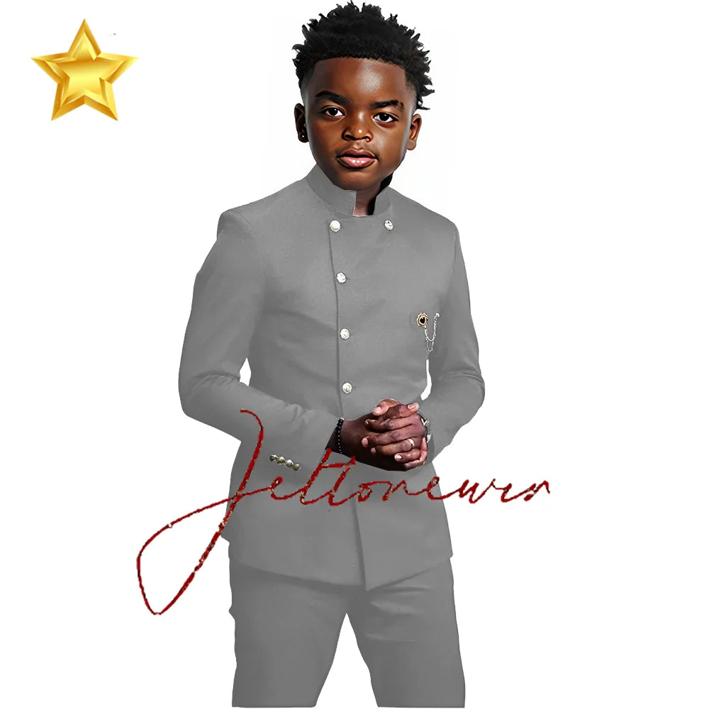 African Style Boys Suit - Stand Collar Blazer and Pants 2 Piece Casual Business Kids Formal Wear