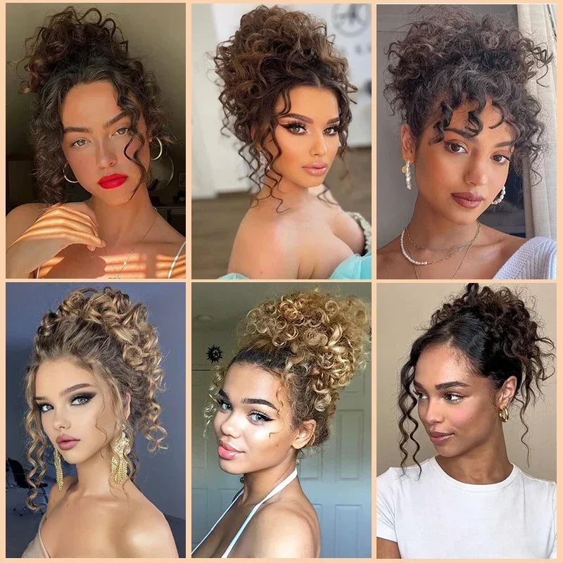 Synthetic Messy Curly Hair Bun – Short Loose Wave Updo Ponytail, Blonde Chignon Hairpiece, Heat-Resistant Extensions for Women