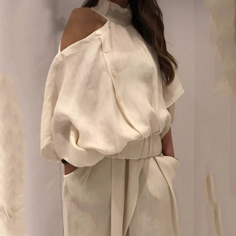 Women’s Fashion 2-Piece Set – Wide-Leg Buttoned Pants & Hollow Solid Color Loose Cold-Shoulder Blouse