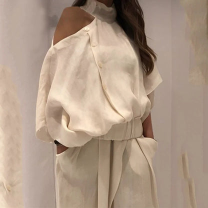 Women’s Fashion 2-Piece Set – Wide-Leg Buttoned Pants & Hollow Solid Color Loose Cold-Shoulder Blouse