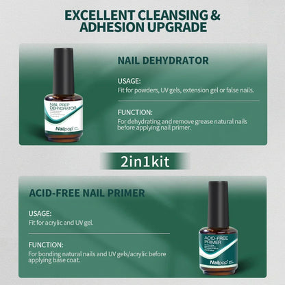 Nailpop Nail Dehydrator & Primer — Acid-Free Natural Nail Prep for Acrylic & UV Gel, Fast Dry Superior Bonding Set
