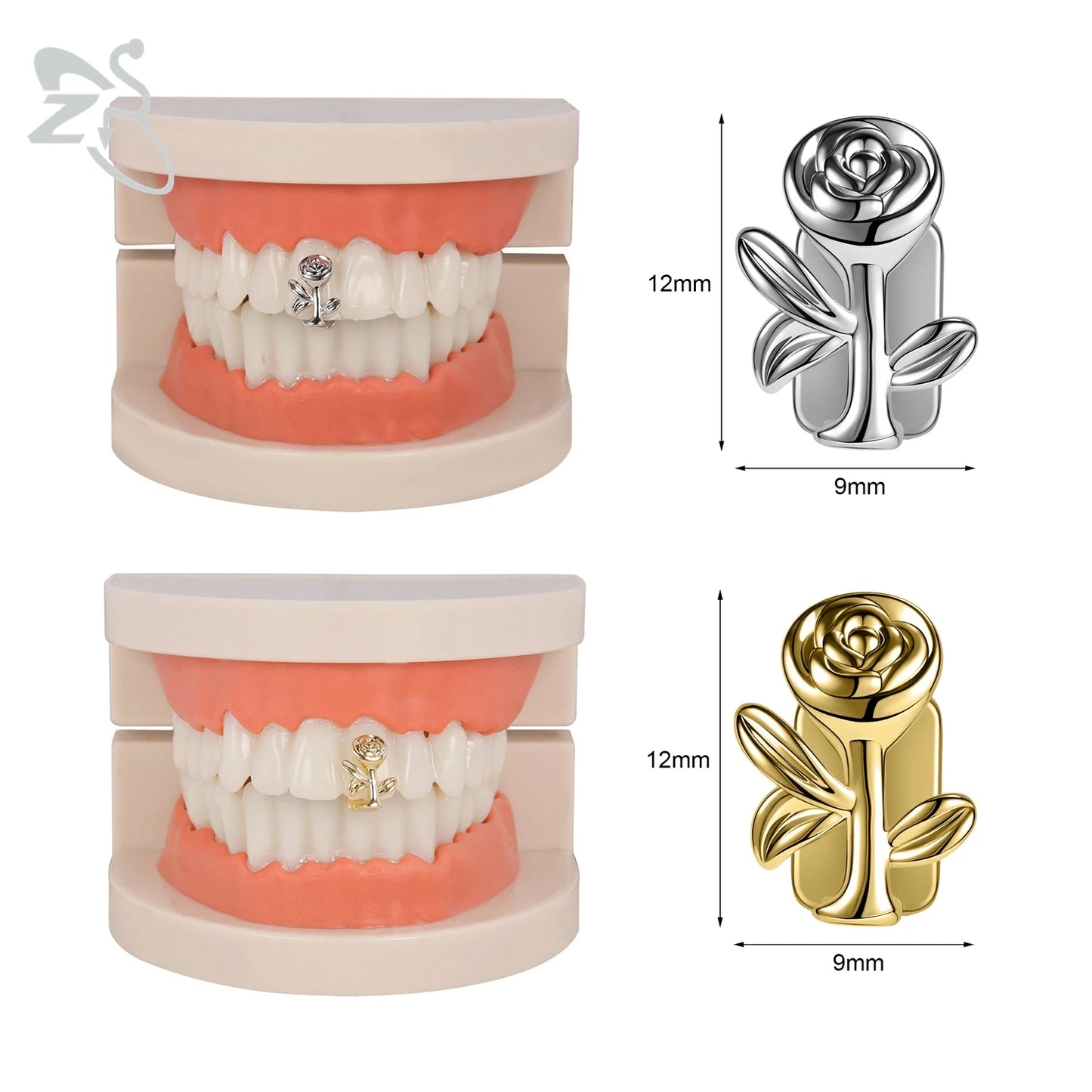 ZS Hip Hop Grillz – Silver/Gold Plated CZ Crystal Cross & Rose Star Tooth Cap, Top & Bottom Set