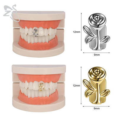 ZS Hip Hop Grillz – Silver/Gold Plated CZ Crystal Cross & Rose Star Tooth Cap, Top & Bottom Set