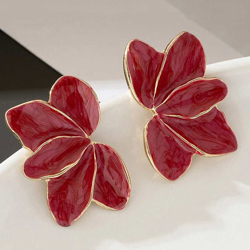 Metal Flower Red Enamel Petal Post Earrings — Trendy Fashion Jewelry for Women, Daily & Holiday Accessories MQ478