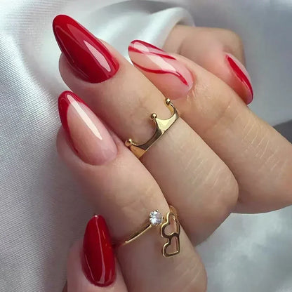 24Pcs French Press On Nails - Almond Fake Nail Tips with Glue, White Edge Design & Pink Stiletto Style Manicure Set