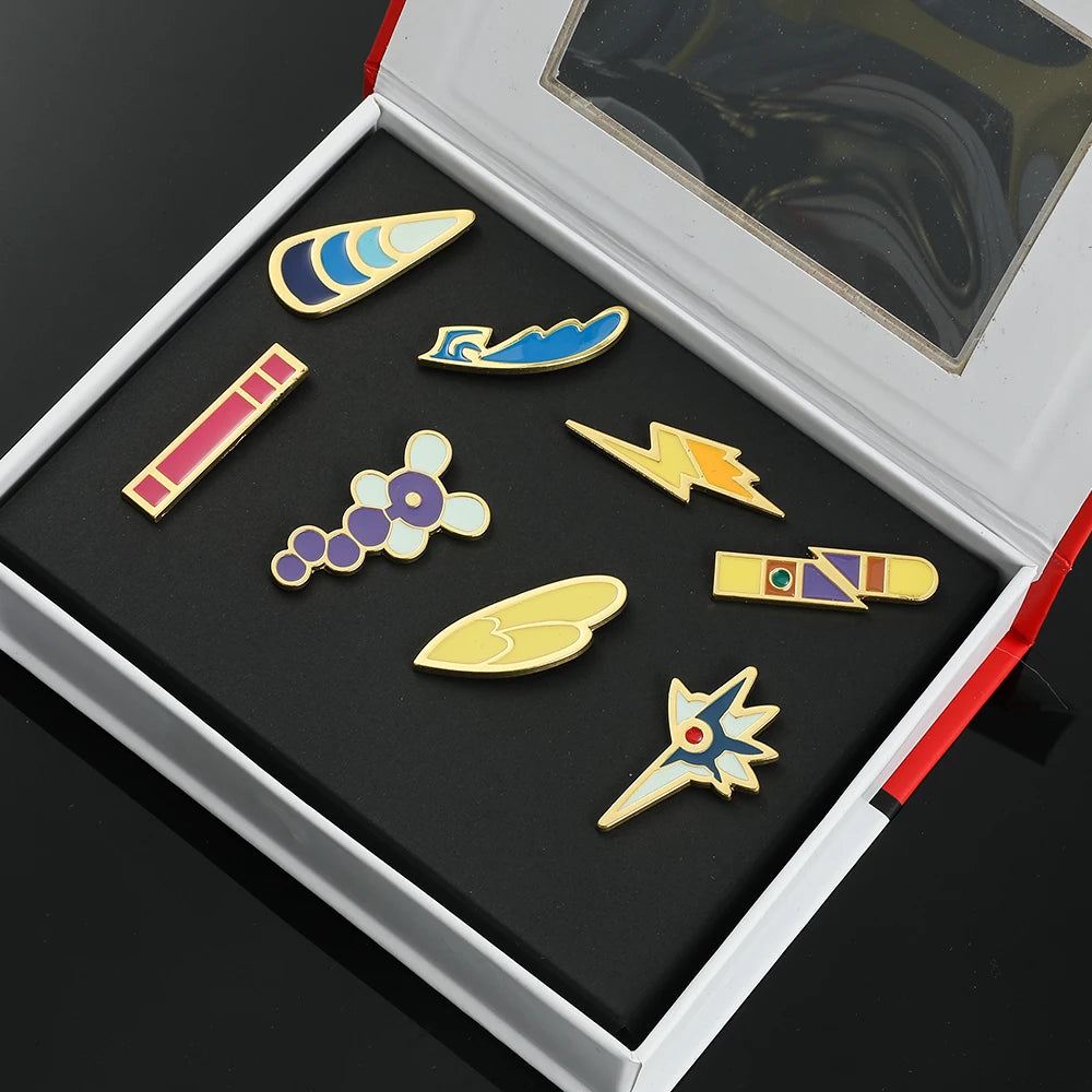 Anime League Gym Badge Set – Metal Brooches from Sinnoh, Johto, Hoenn & Indigo with Pikachu & Squirtle Figure Toys