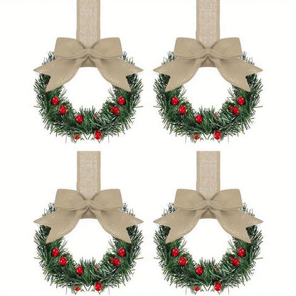 Set of 4 Mini Christmas Wreaths with Ribbon Bows & Red Berry Accents – Festive Window & Home Party Decorations