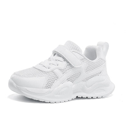 White Kids Leather Casual Shoes — Boys & Girls Outdoor Running Sneakers, Breathable Mesh, Non-Slip School Walking Sport Shoes