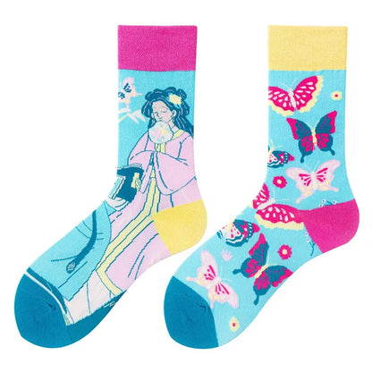WY_New Asymmetrical Couples Mandarin Ducks Cotton Socks – Fashion Sports Colorful Medium & High Sleeve Unisex Crew Socks, Trendy Couple Gift Socks