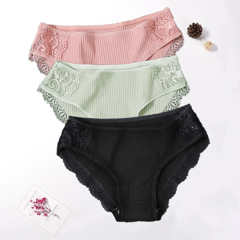 Floral Lace Cotton Women’s Panties - Comfortable Briefs, Solid Color Underwear, 3PCS/Set, Sizes M-XXL