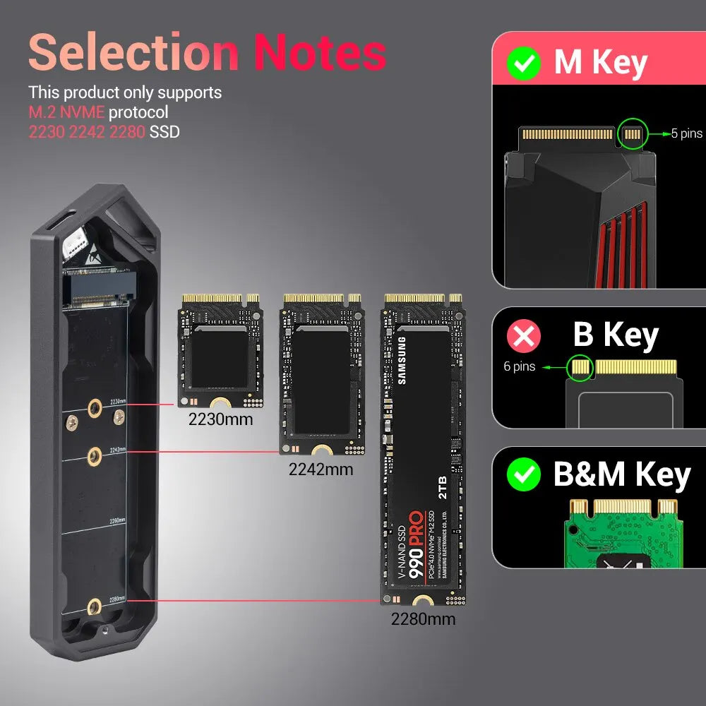 UnionSine M.2 SSD Enclosure – 10Gbps NVMe PCIe SSD Case with UASP Support for M Key Solid State Drives