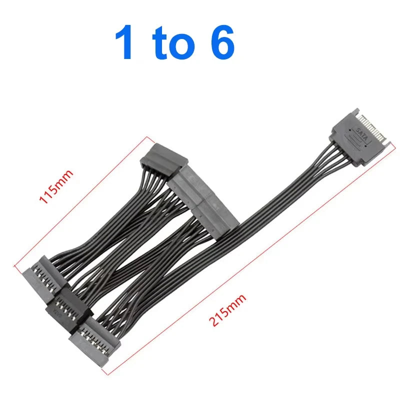 15-Pin SATA Power Splitter Cable - 1 Male to 3/4/5/6 Female Hard Drive Power Extension Adapter for DIY PC & Server