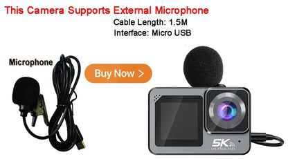 F6W Action Camera — 5K/4K60FPS, 48MP, 2.2" Touch LCD, EIS, Dual Screen, Wi-Fi, 170° Waterproof 30M, 8X Zoom Sports Camera with Wireless Mic