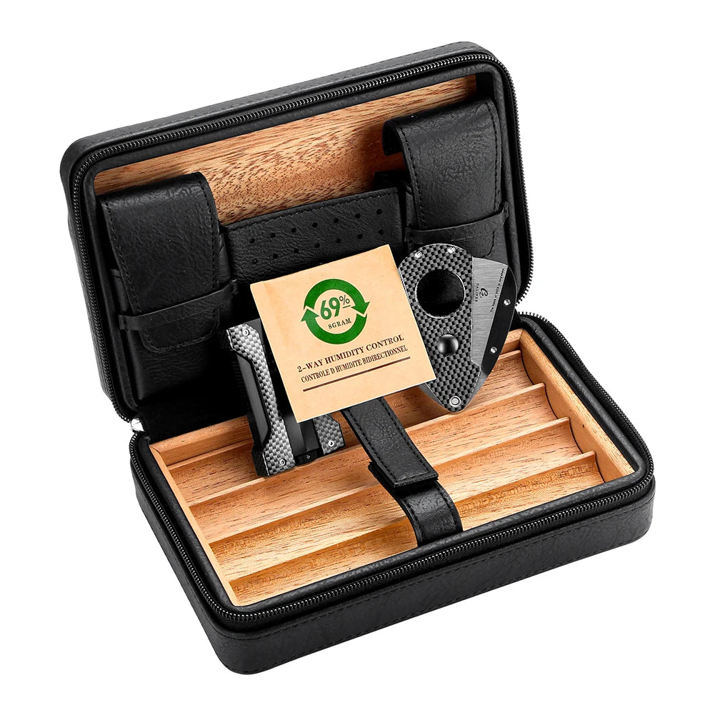 GALINER Cigar Humidor Box – Travel Leather Case with Cedar Wood Lining, Includes or Excludes Lighter, Cigar Cutter & Humidity Control Pack