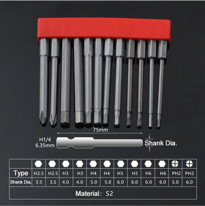 12Pcs 1/4 Inch Magnetic Screwdriver Bits - 50mm 75mm 100mm Long Power Tool Bit Set
