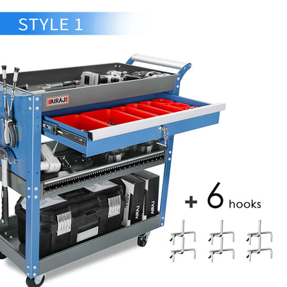 AIRAJ 3-Tier Rolling Tool Cart on Wheels - 440 lbs Capacity Storage for Garage & Warehouse, Available in Blue/Black/Red