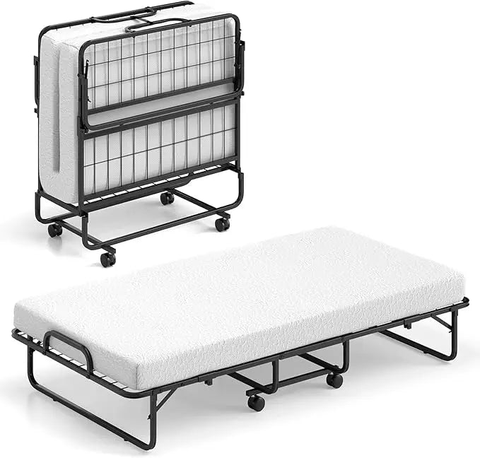 Foldable Twin Size Rollaway Bed with Mattress – Space Saving Portable Guest Bed with Memory Foam, Adult Folding Bed for Home & Travel