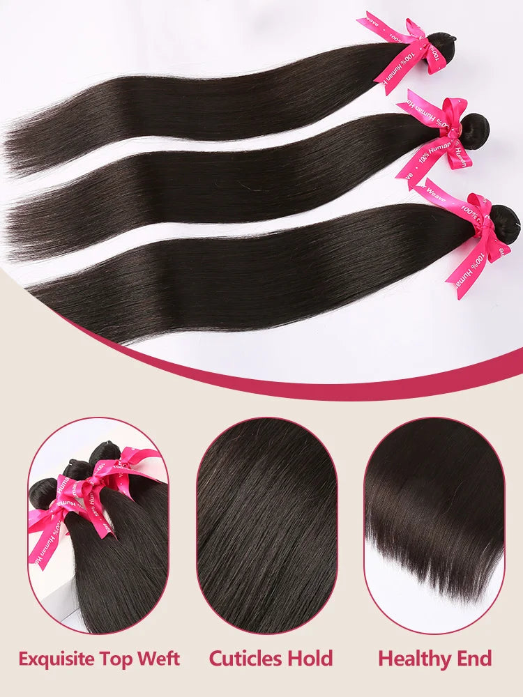 Bone Straight 100% Human Hair Bundles – 30" 40" 50" Brazilian Virgin Hair Extensions, Double Weft, Natural Black