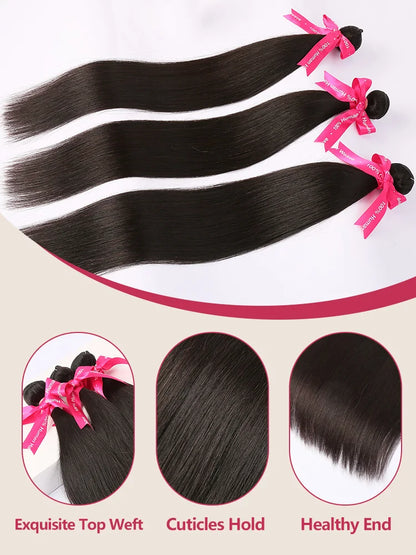 Bone Straight 100% Human Hair Bundles – 30" 40" 50" Brazilian Virgin Hair Extensions, Double Weft, Natural Black