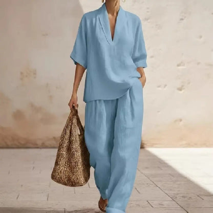 Women’s Linen Two Piece Set - 2026 Spring Summer Minimalist Solid Color European Style Casual Outfit