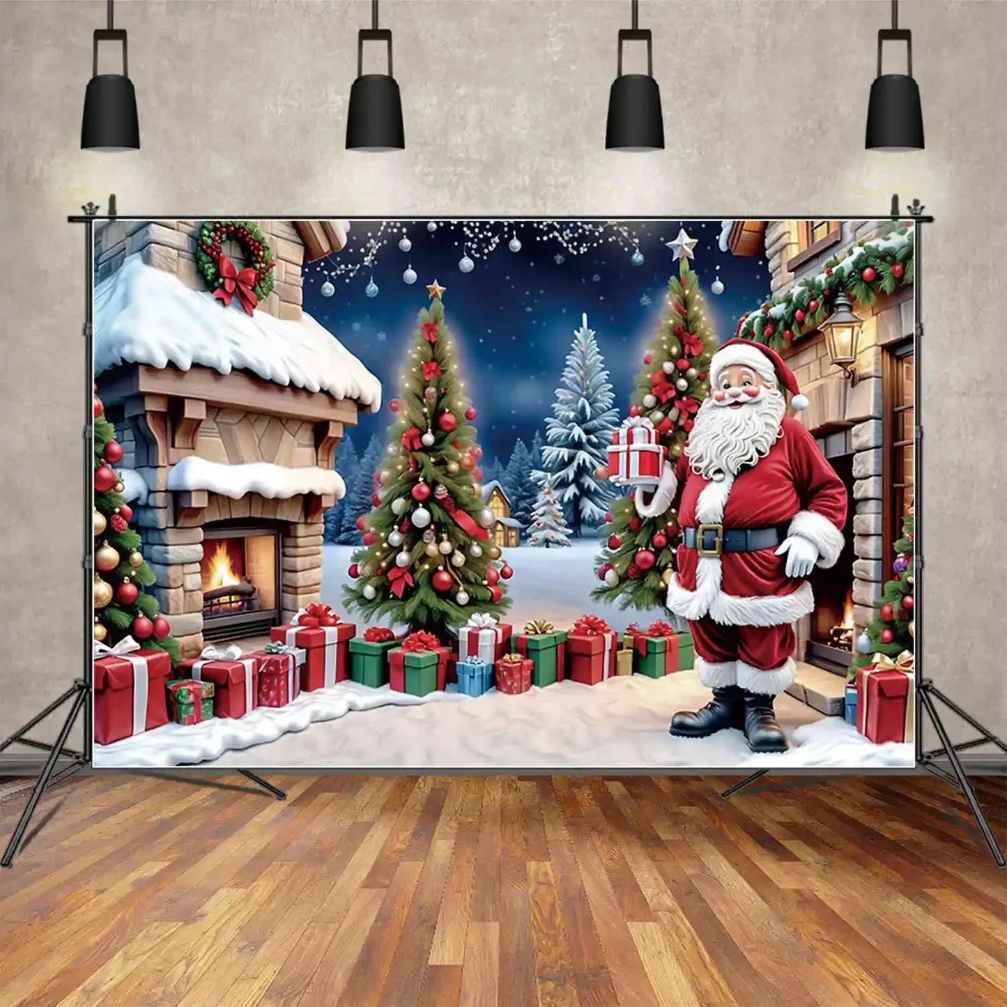 MOON.QG Christmas Santa Claus Village Backdrop – Holiday Photo Studio Background with Trees & Gifts for Home Decoration