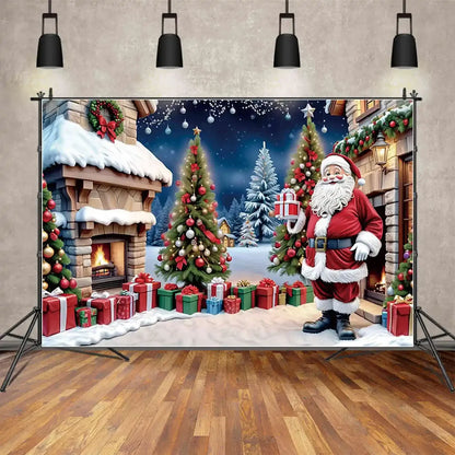 MOON.QG Christmas Santa Claus Village Backdrop – Holiday Photo Studio Background with Trees & Gifts for Home Decoration