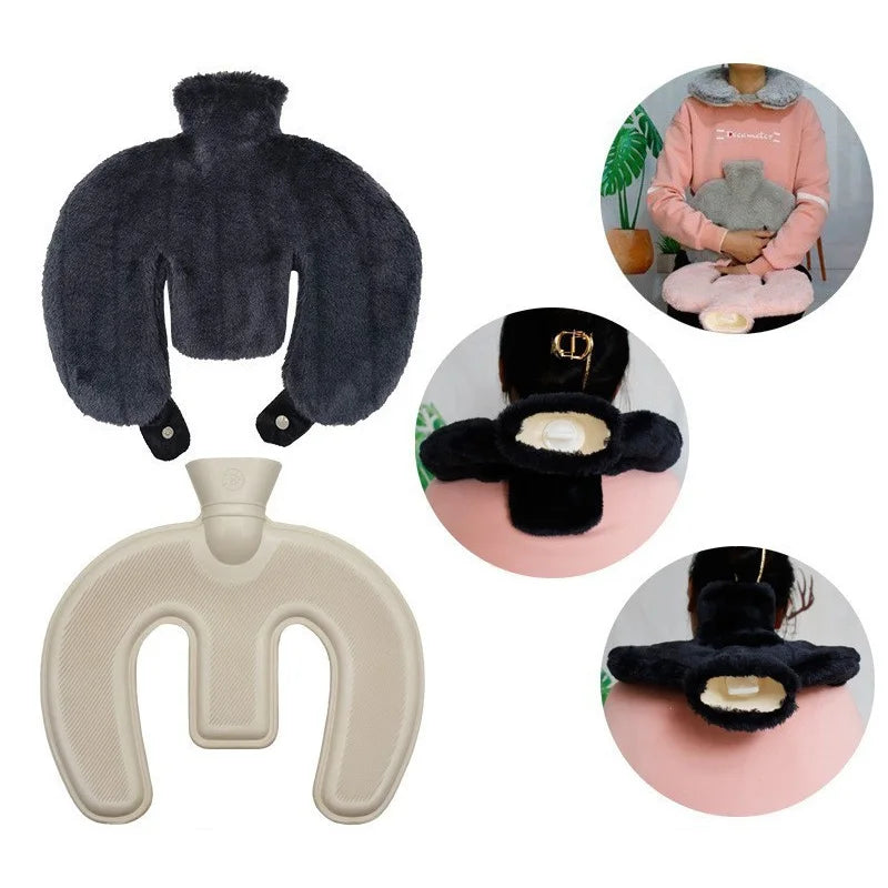 U-Shaped Hot Water Bottle Neck Wrap - Reusable Plush Heating Bag with Hand Pockets for Winter Warmth and Comfort