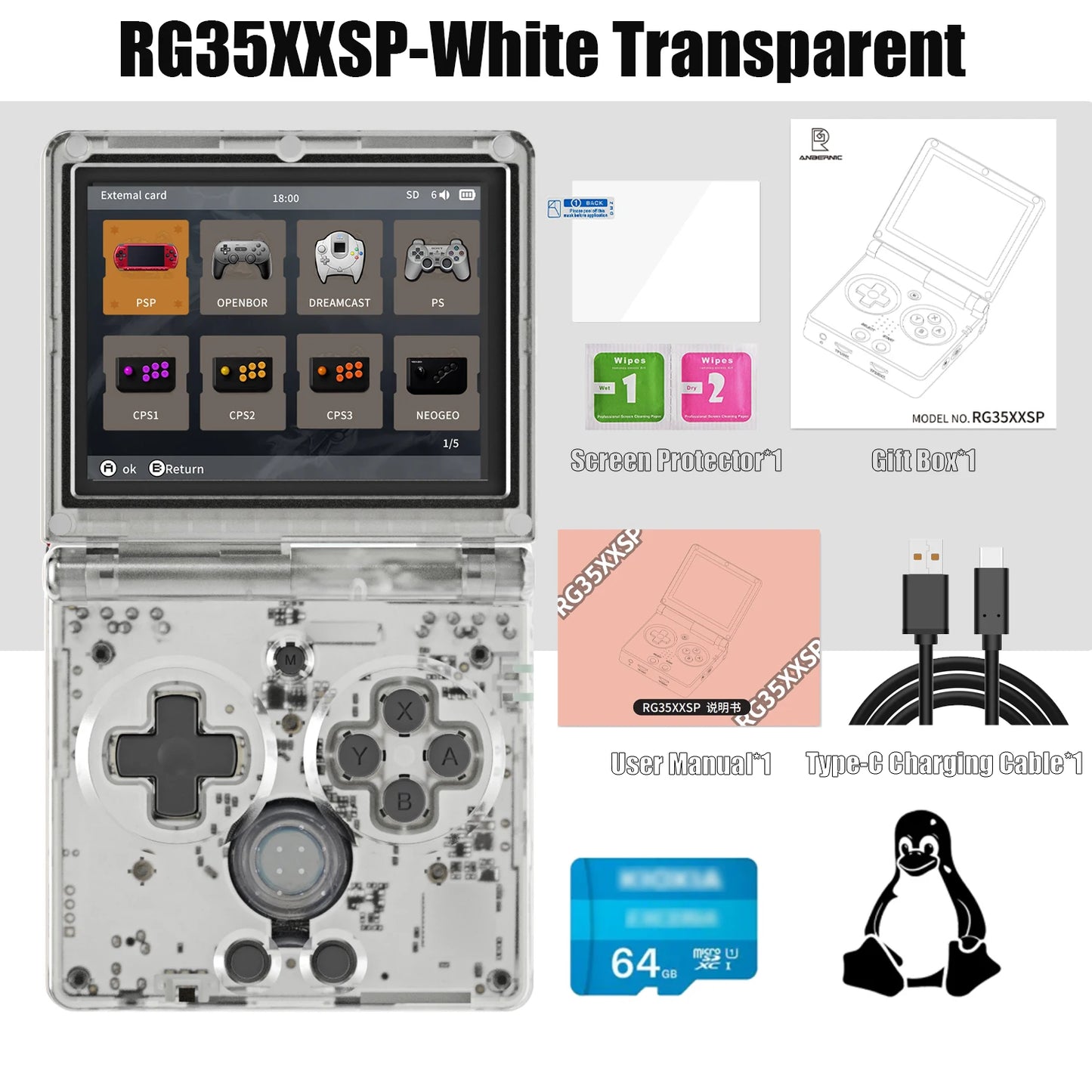 ANBERNIC RG35XXSP Retro Handheld Game Console – 3.5'' IPS Screen, 3300mAh Battery, HDMI Out, Bluetooth 4.2, 5K Games